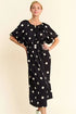 Davi & Dani Polka Dot Puff Sleeves Waist Tie Midi Dress - Fashorio