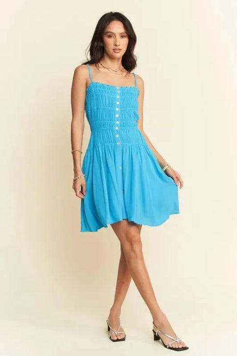 Davi & Dani Smocking Bodice Sleeveless Button Down Mini Dress - Fashorio