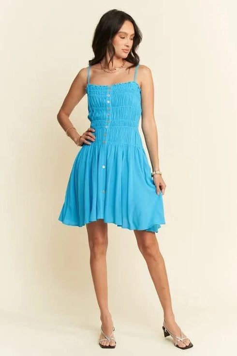 Davi & Dani Smocking Bodice Sleeveless Button Down Mini Dress - Fashorio
