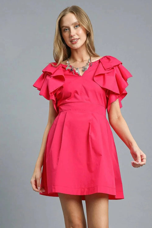 Umgee Double Ruffle Sleeve Fit and Flare Dress Deep Rose - Fashorio