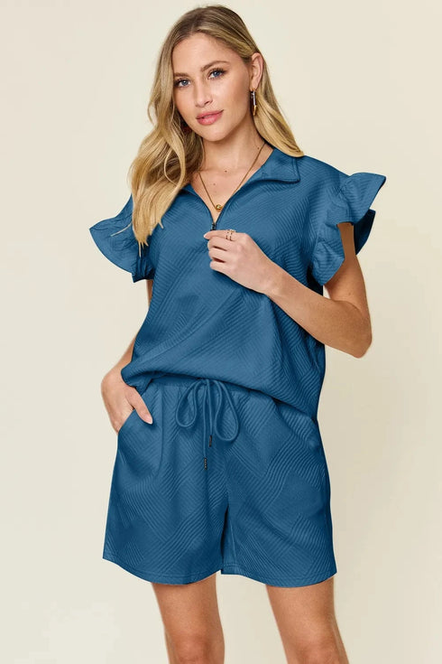 Double Take Full Size Texture Flounce Sleeve Top and Drawstring Shorts Set Deep Teal - Fashorio