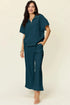 Double Take Full Size Texture Half Zip Short Sleeve Top and Pants Set Deep Teal - Fashorio