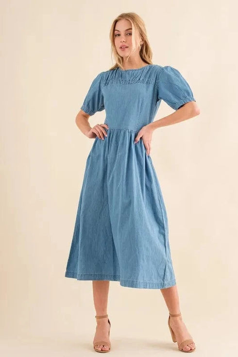 And The Why Full Size Washed Chambray Midi Dress Plus Size Denim Blue - Fashorio
