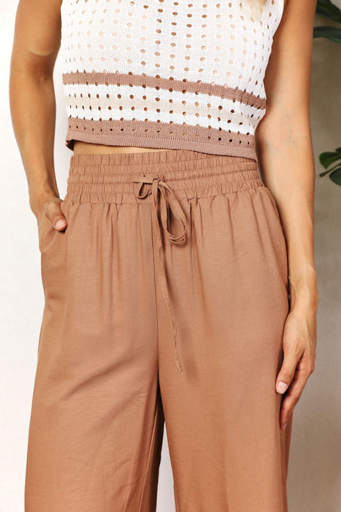 Double Take Drawstring Smocked Waist Wide Leg Pants - Fashorio