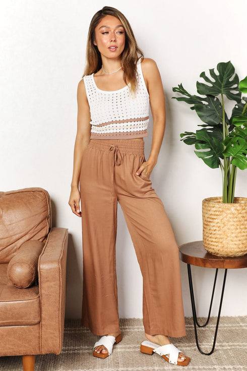 Double Take Drawstring Smocked Waist Wide Leg Pants - Fashorio