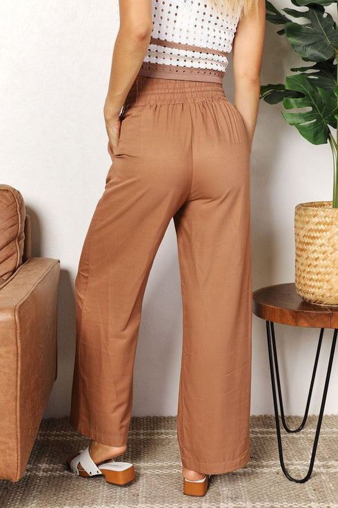 Double Take Drawstring Smocked Waist Wide Leg Pants - Fashorio