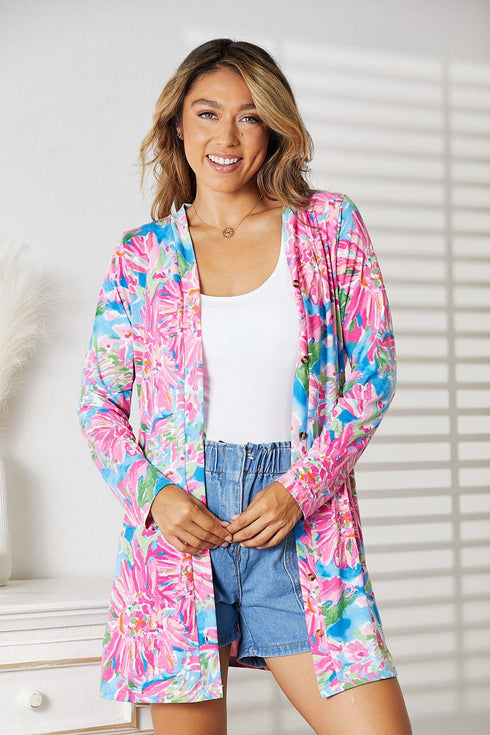 Double Take Floral Open Front Long Sleeve Cardigan - Fashorio