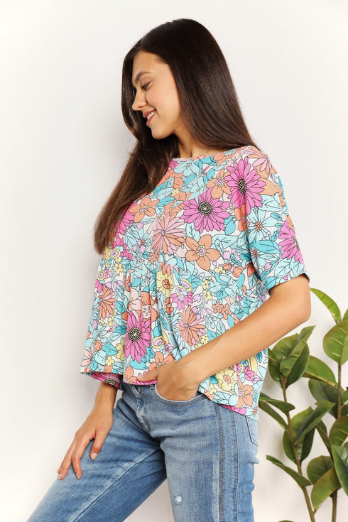 Double Take Floral Round Neck Babydoll Top - Fashorio