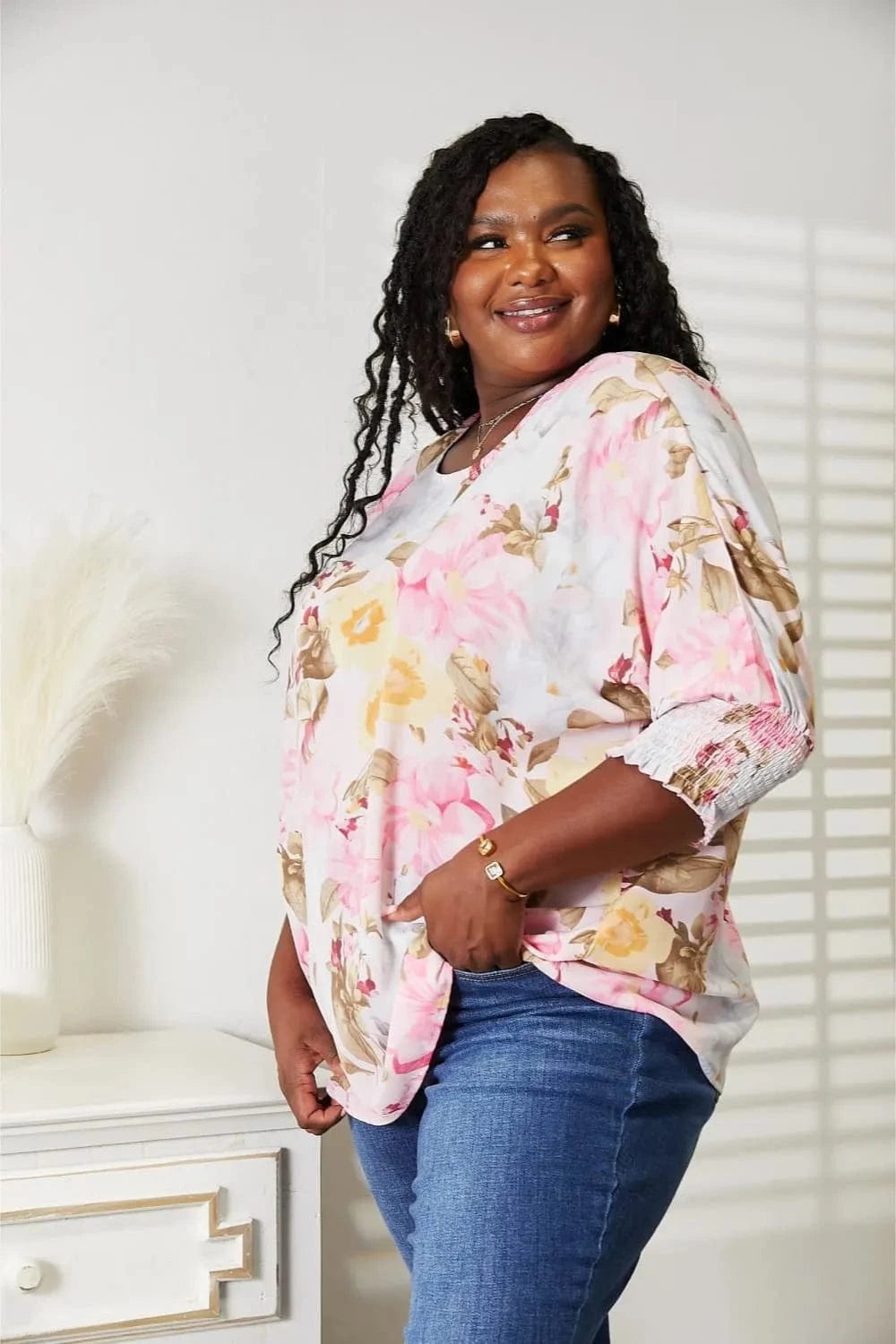 Double Take Floral Round Neck Three-Quarter Sleeve Top - Fashorio