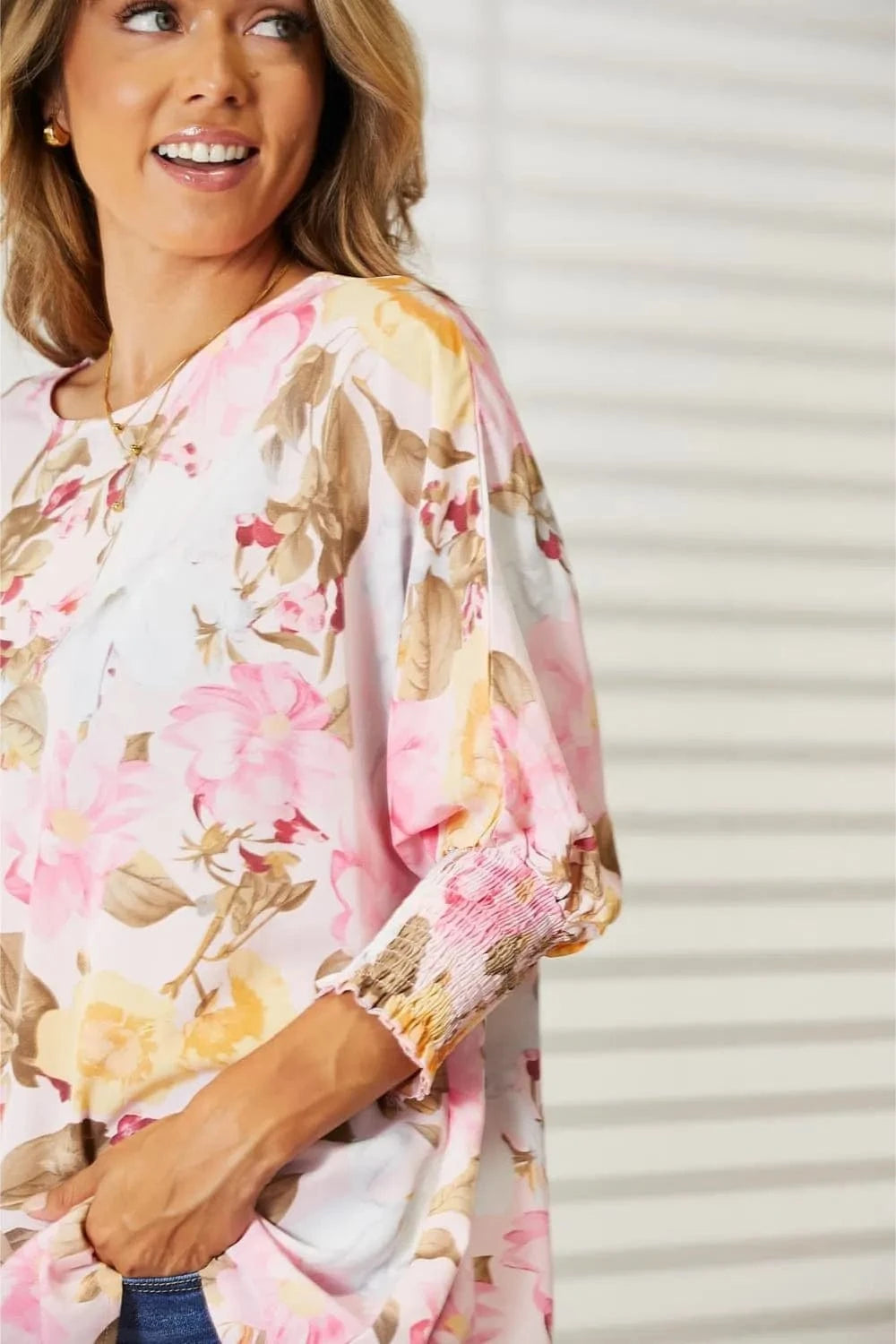 Double Take Floral Round Neck Three-Quarter Sleeve Top - Fashorio