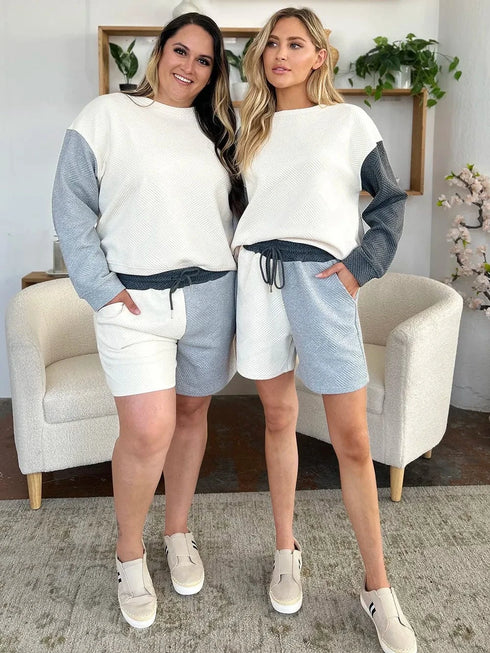 Double Take Full Size Contrast Drop Shoulder Top and Shorts Set - Fashorio
