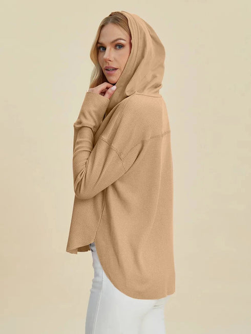 Double Take Full Size High-Low Dropped Shoulder Long Sleeve Hoodie - Fashorio