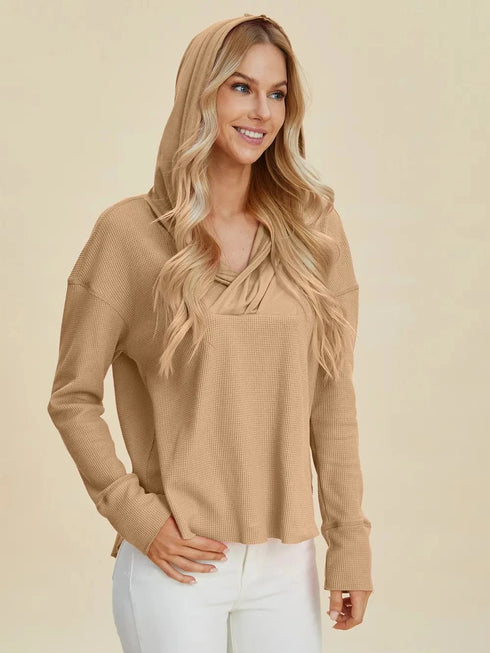 Double Take Full Size High-Low Dropped Shoulder Long Sleeve Hoodie - Fashorio