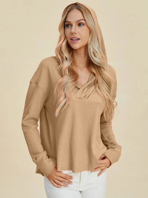 Double Take Full Size High-Low Dropped Shoulder Long Sleeve Hoodie - Fashorio