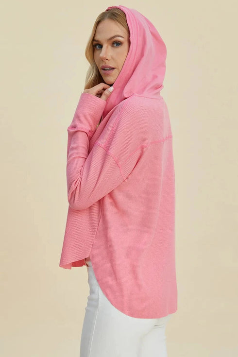 Double Take Full Size High-Low Dropped Shoulder Long Sleeve Hoodie - Fashorio