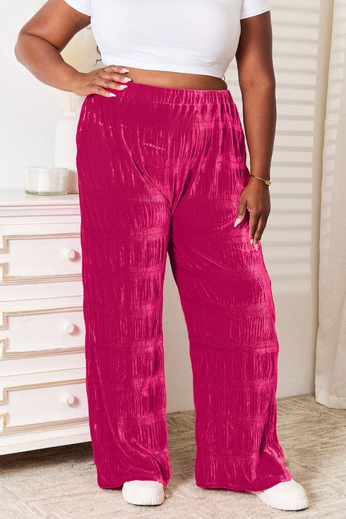 Double Take Full Size High Waist Tiered Shirring Velvet Wide Leg Pants - Fashorio
