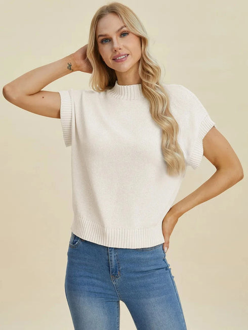 Double Take Full Size Mock Neck Short Sleeve Sweater - Fashorio