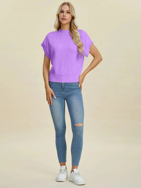Double Take Full Size Mock Neck Short Sleeve Sweater - Fashorio