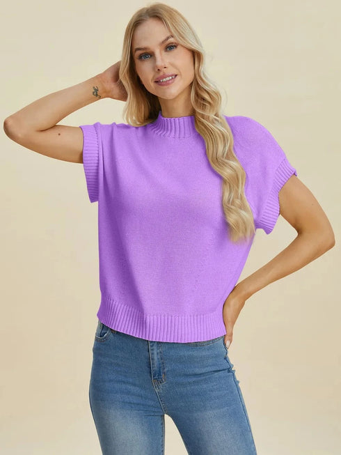 Double Take Full Size Mock Neck Short Sleeve Sweater - Fashorio