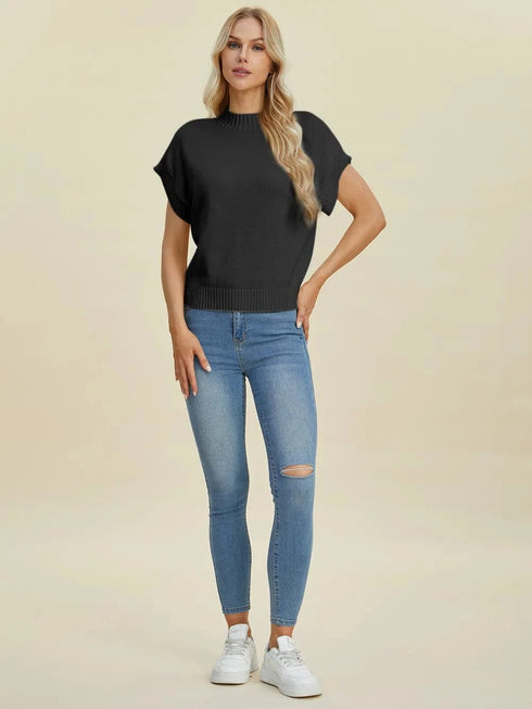 Double Take Full Size Mock Neck Short Sleeve Sweater - Fashorio