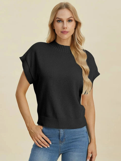 Double Take Full Size Mock Neck Short Sleeve Sweater - Fashorio