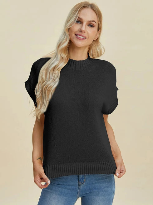 Double Take Full Size Mock Neck Short Sleeve Sweater - Fashorio
