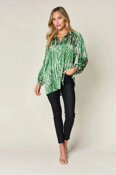 Double Take Full Size Printed Button Up Long Sleeve Shirt - Fashorio