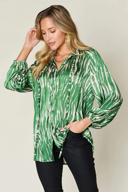 Double Take Full Size Printed Button Up Long Sleeve Shirt - Fashorio
