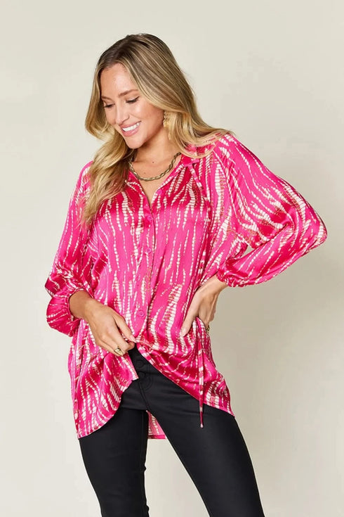 Double Take Full Size Printed Button Up Long Sleeve Shirt - Fashorio