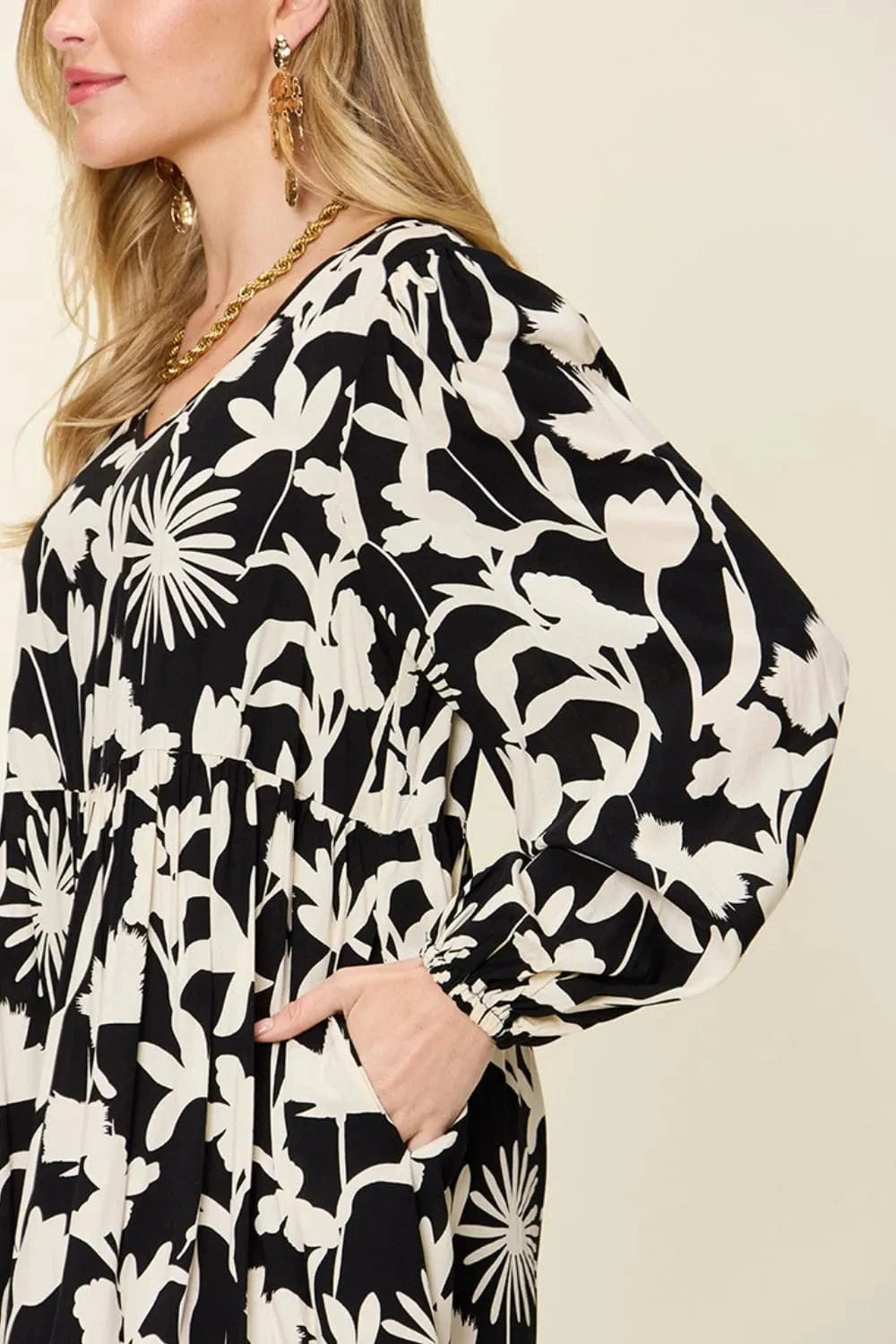 Double Take Full Size Printed Ruffle Hem Dress with Pocket - Fashorio