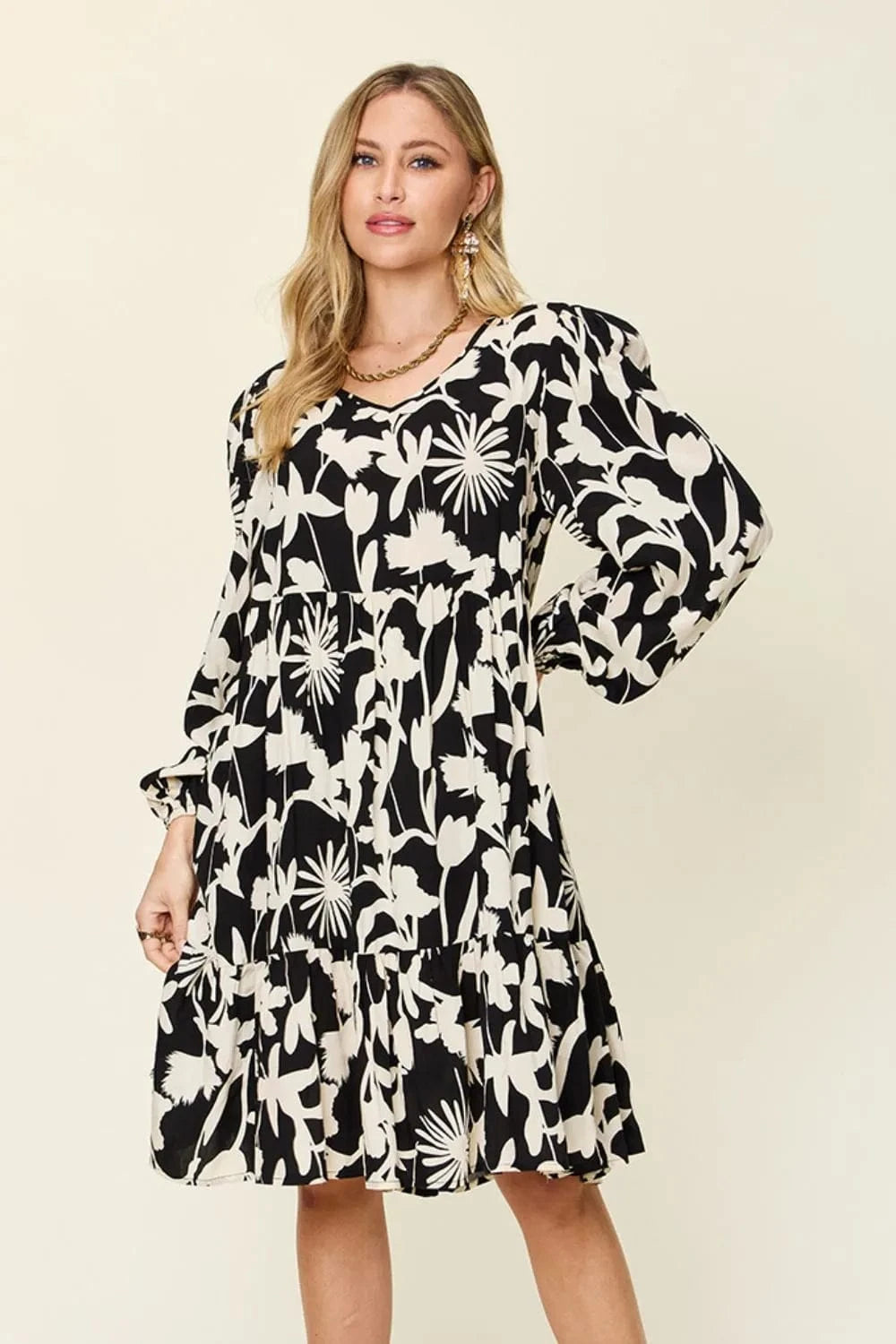 Double Take Full Size Printed Ruffle Hem Dress with Pocket - Fashorio
