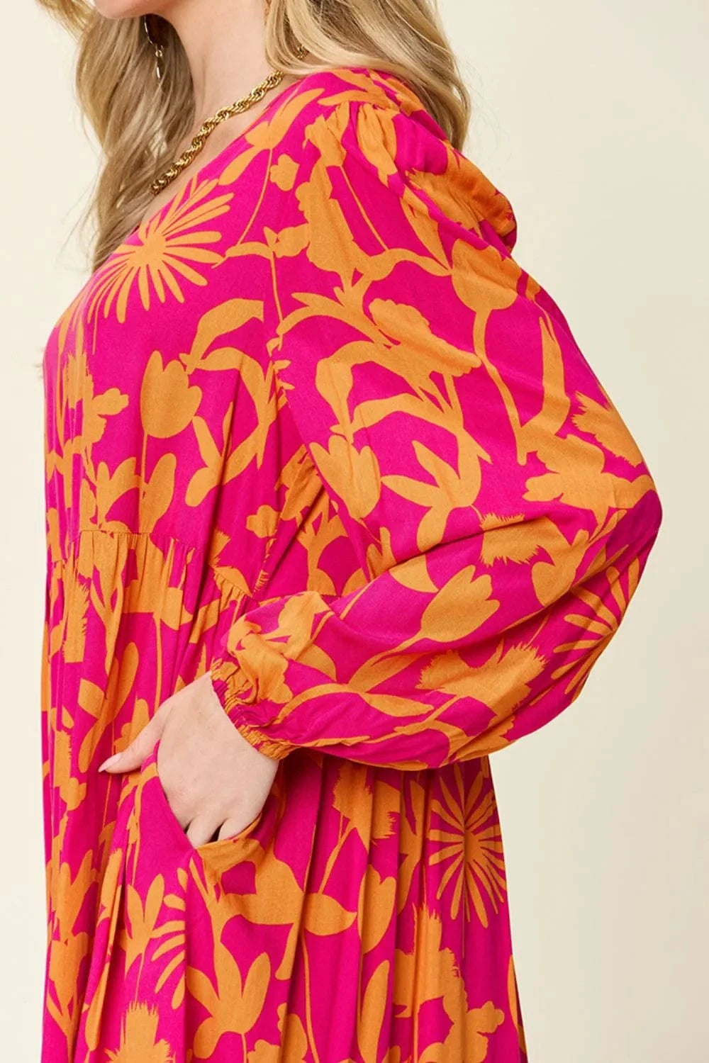 Double Take Full Size Printed Ruffle Hem Dress with Pocket - Fashorio