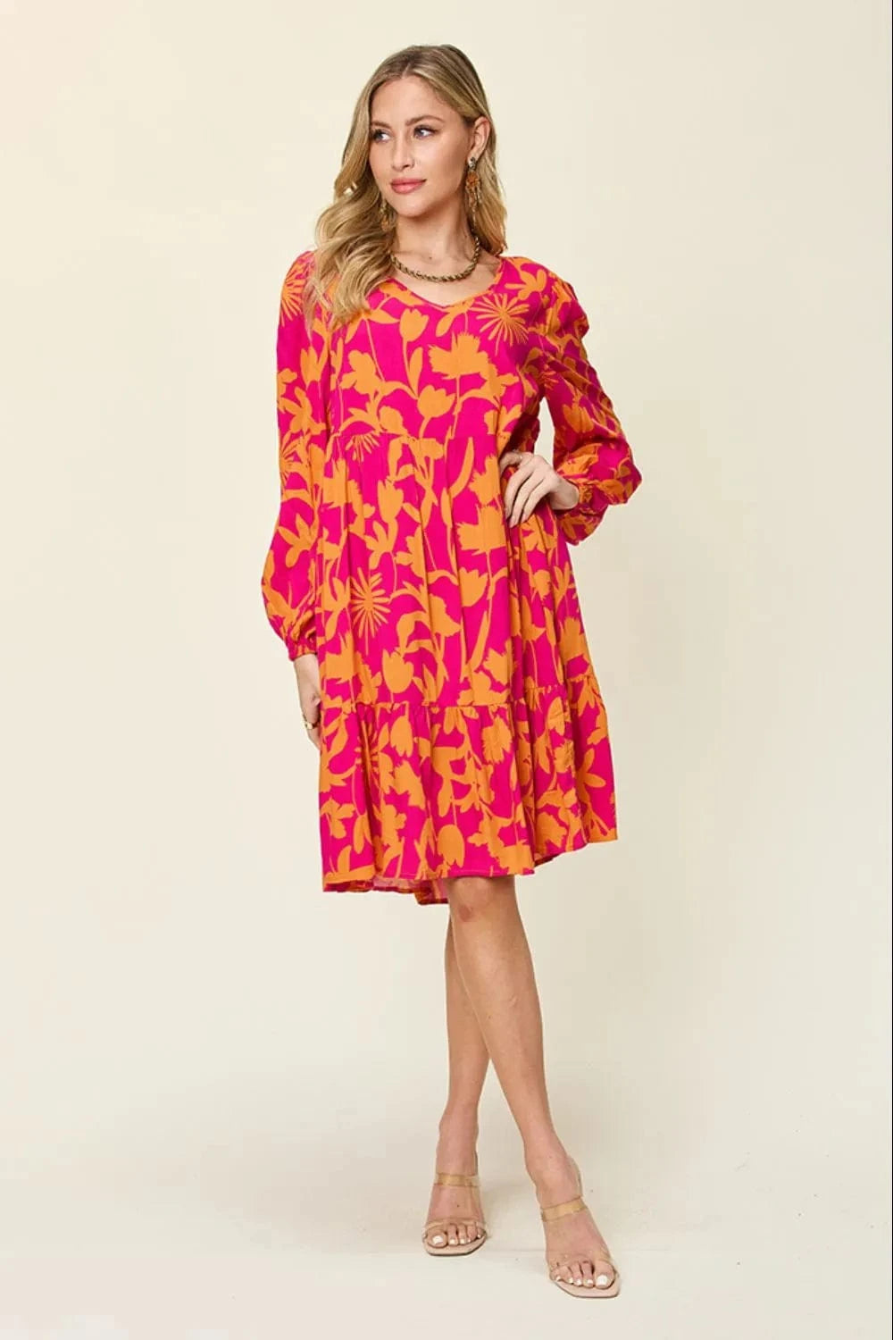 Double Take Full Size Printed Ruffle Hem Dress with Pocket - Fashorio
