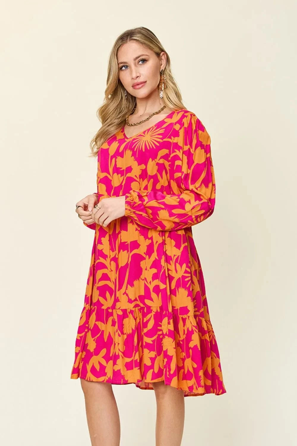 Double Take Full Size Printed Ruffle Hem Dress with Pocket - Fashorio