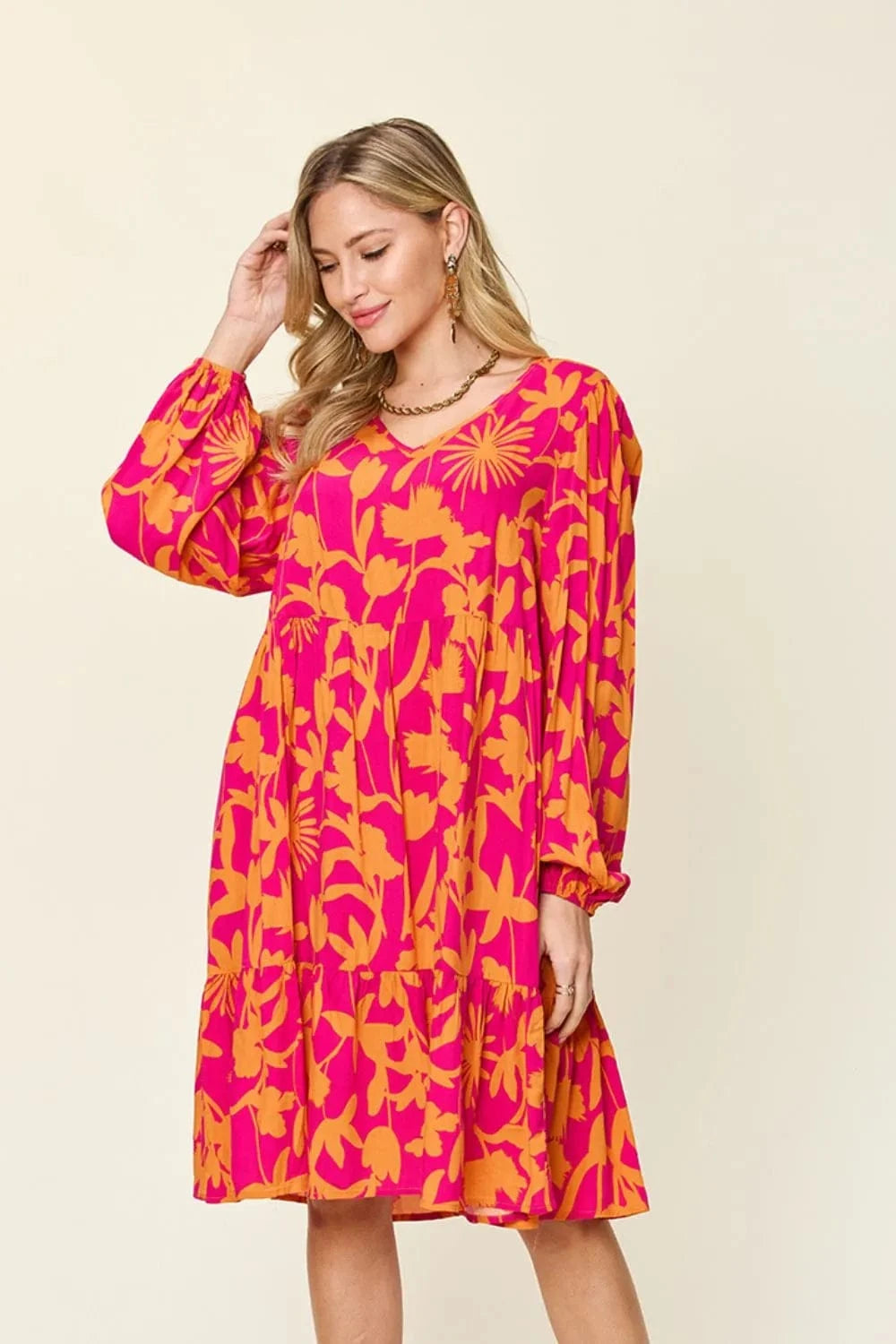 Double Take Full Size Printed Ruffle Hem Dress with Pocket - Fashorio