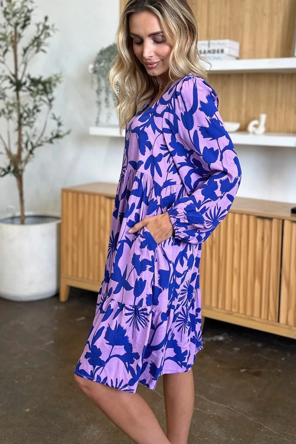 Double Take Full Size Printed Ruffle Hem Dress with Pocket - Fashorio