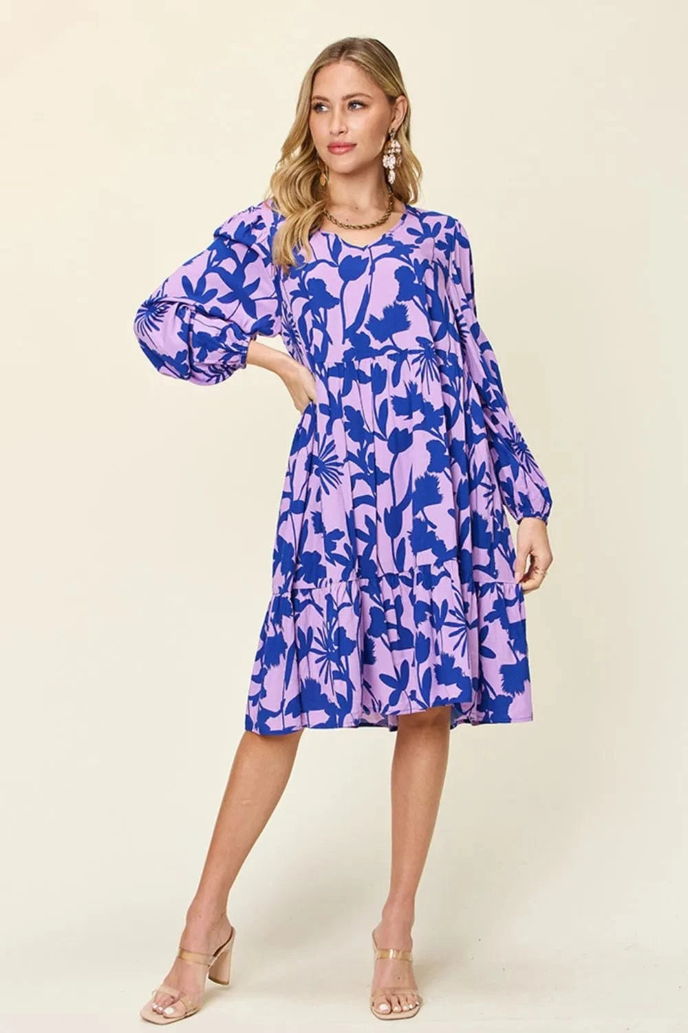 Double Take Full Size Printed Ruffle Hem Dress with Pocket - Fashorio