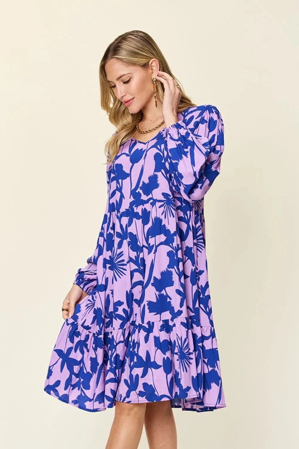Double Take Full Size Printed Ruffle Hem Dress with Pocket - Fashorio