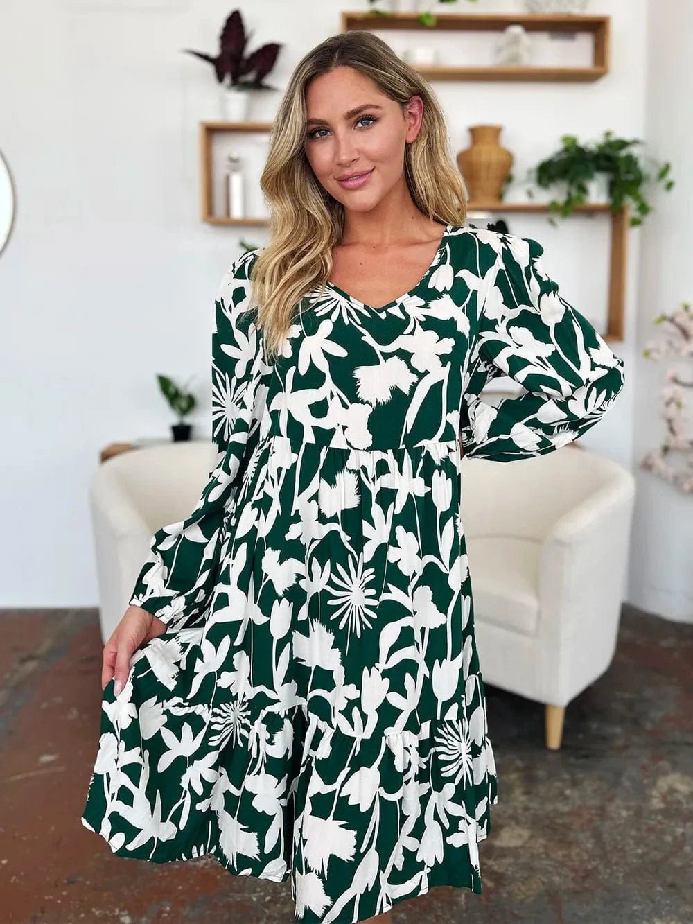 Double Take Full Size Printed Ruffle Hem Dress with Pocket - Fashorio