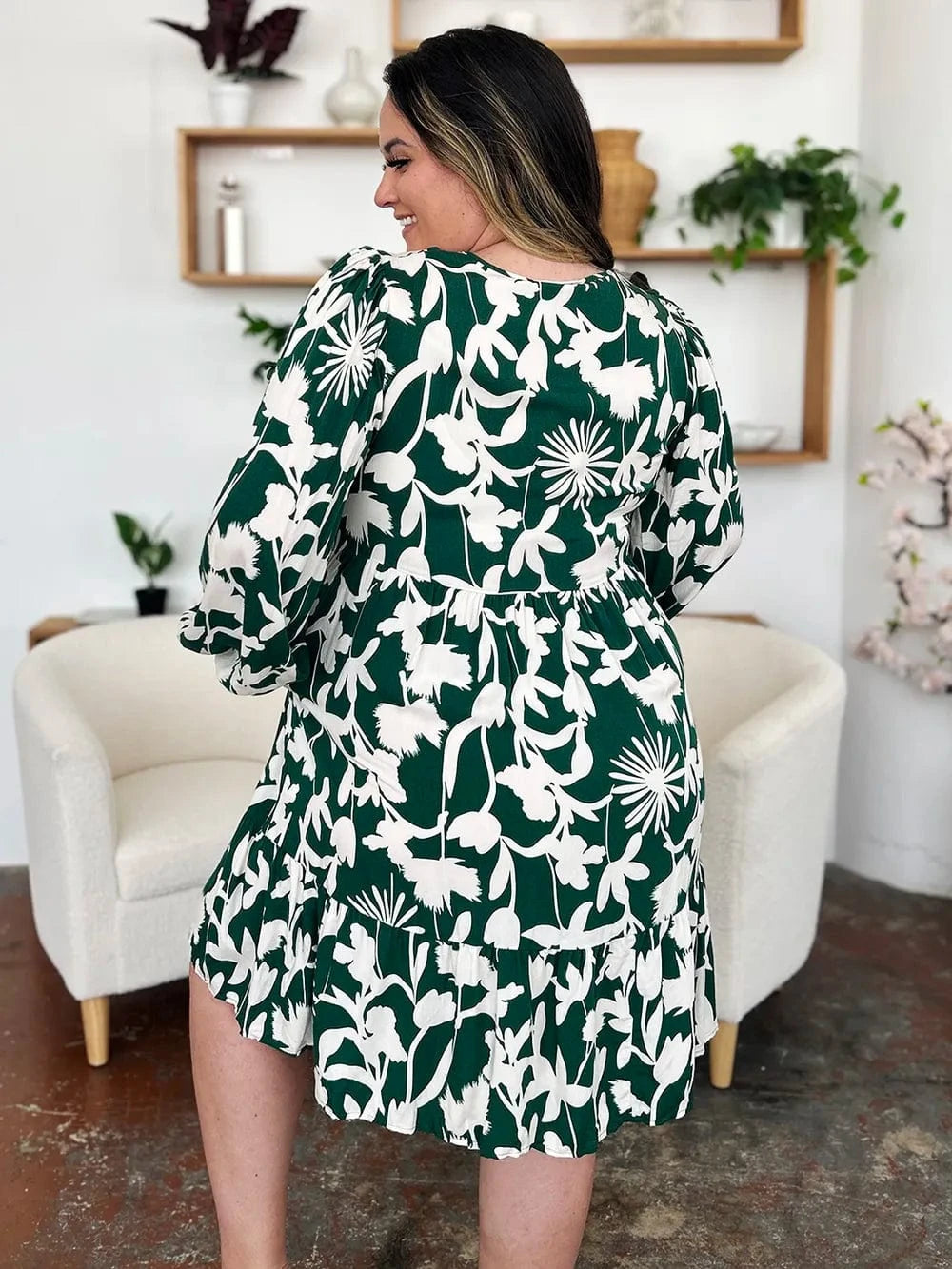 Double Take Full Size Printed Ruffle Hem Dress with Pocket - Fashorio