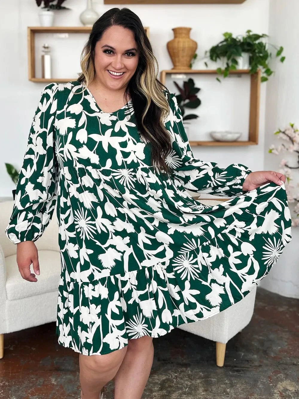 Double Take Full Size Printed Ruffle Hem Dress with Pocket - Fashorio