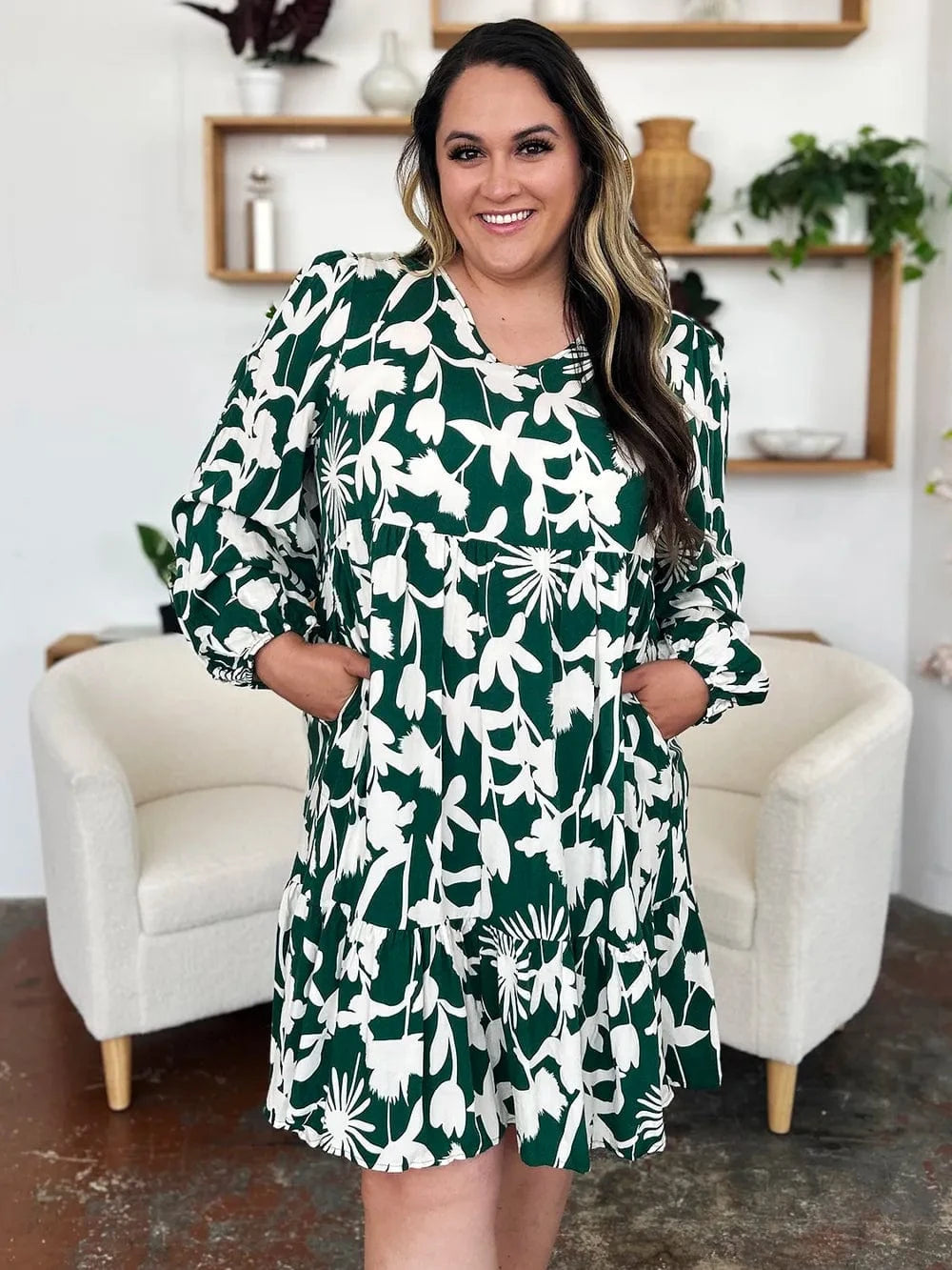 Double Take Full Size Printed Ruffle Hem Dress with Pocket - Fashorio