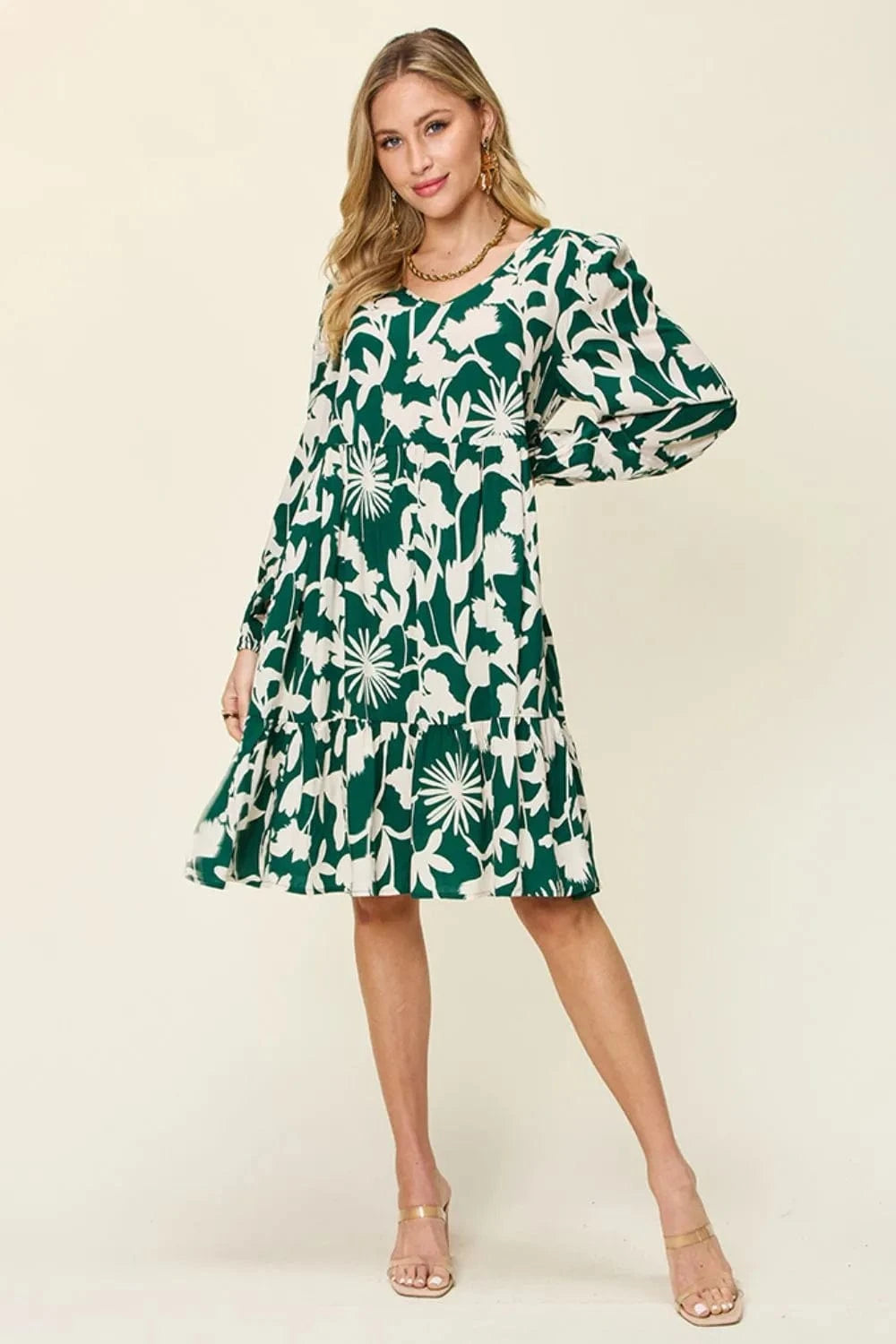 Double Take Full Size Printed Ruffle Hem Dress with Pocket - Fashorio