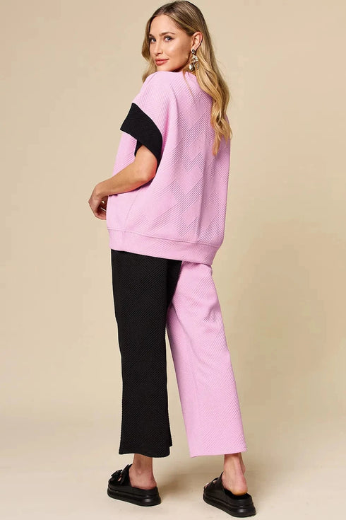 Double Take Full Size Texture Contrast T-Shirt and Wide Leg Pants Set - Fashorio