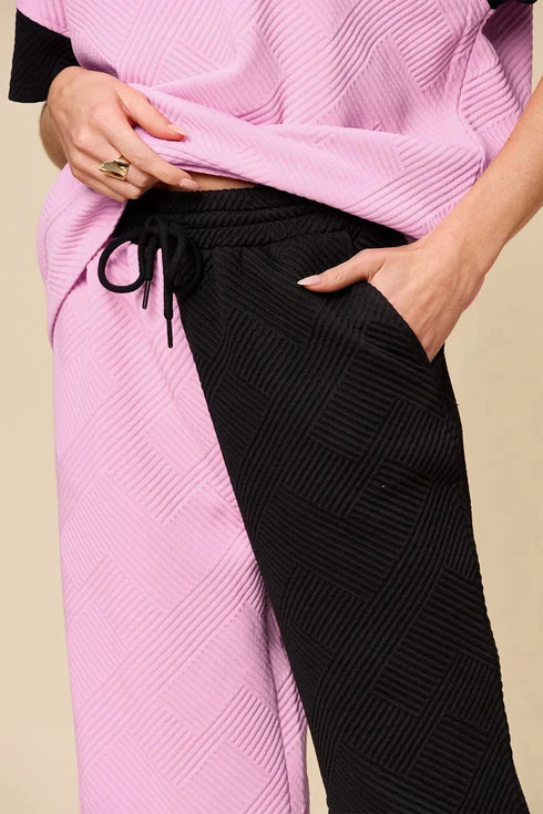 Double Take Full Size Texture Contrast T-Shirt and Wide Leg Pants Set - Fashorio