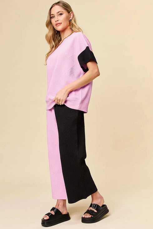 Double Take Full Size Texture Contrast T-Shirt and Wide Leg Pants Set - Fashorio