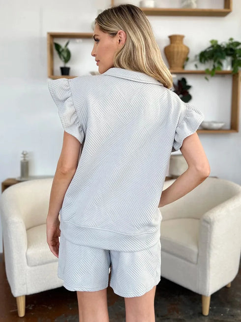 Double Take Full Size Texture Flounce Sleeve Top and Drawstring Shorts Set - Fashorio