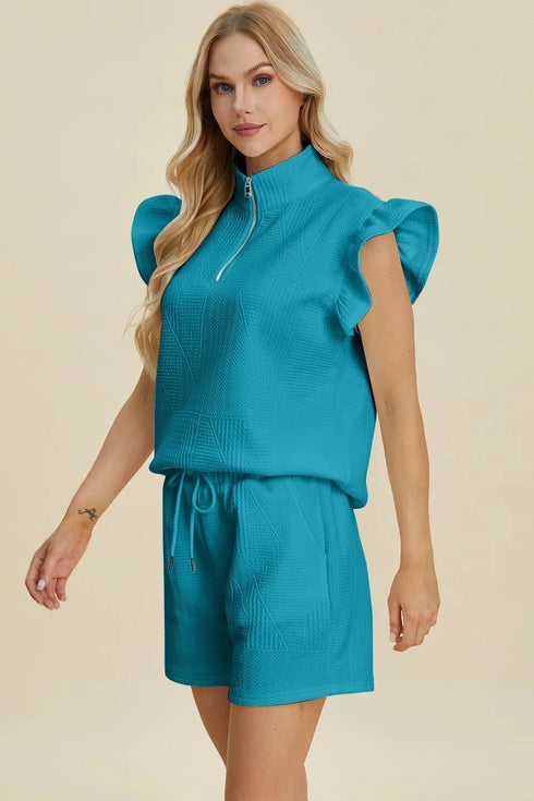 Double Take Full Size Texture Flounce Sleeve Top and Shorts Set - Fashorio