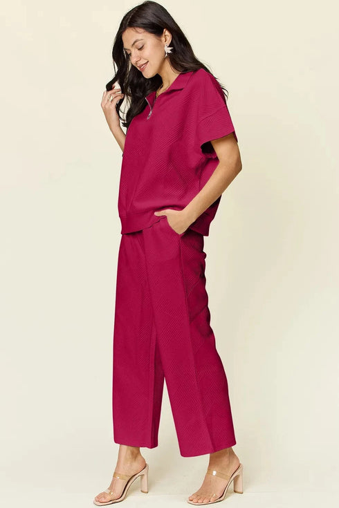 Double Take Full Size Texture Half Zip Short Sleeve Top and Pants Set - Fashorio