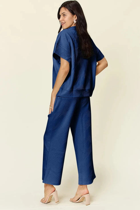 Double Take Full Size Texture Half Zip Short Sleeve Top and Pants Set - Fashorio